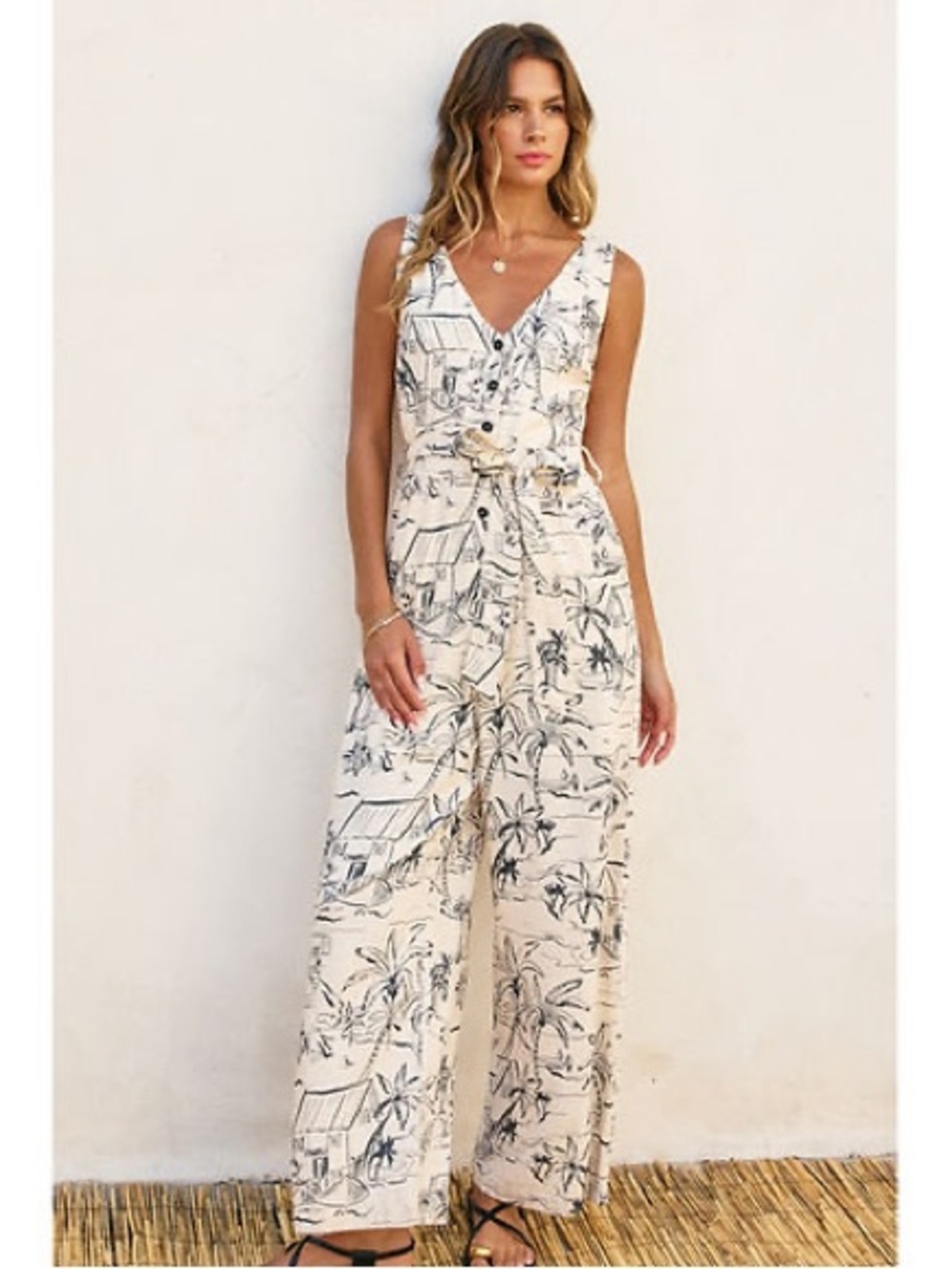 Dress Forum Cream Sleeveless V-Neck Wide-Leg Jumpsuit with Black Scenic Print